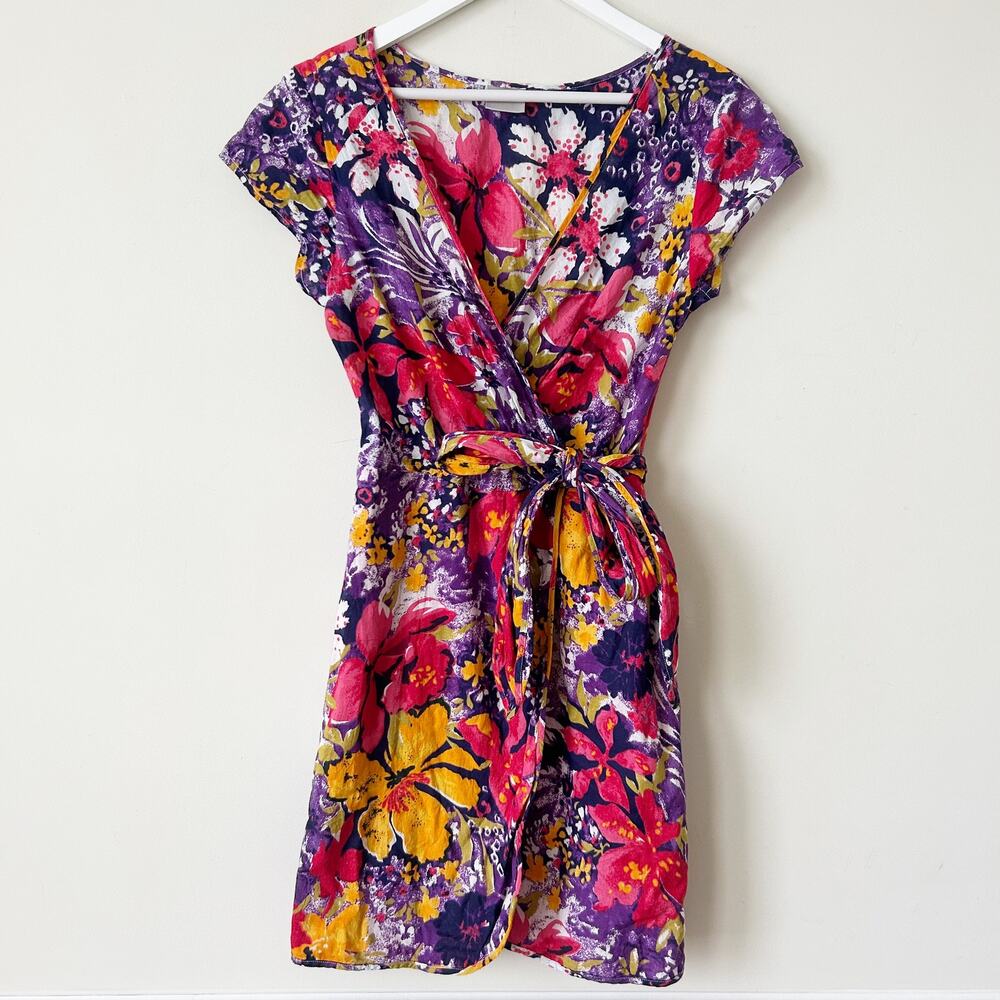 eShakti Floral Wrap Dress Size M 10 Made in India 100% Cotton Purple Lined
